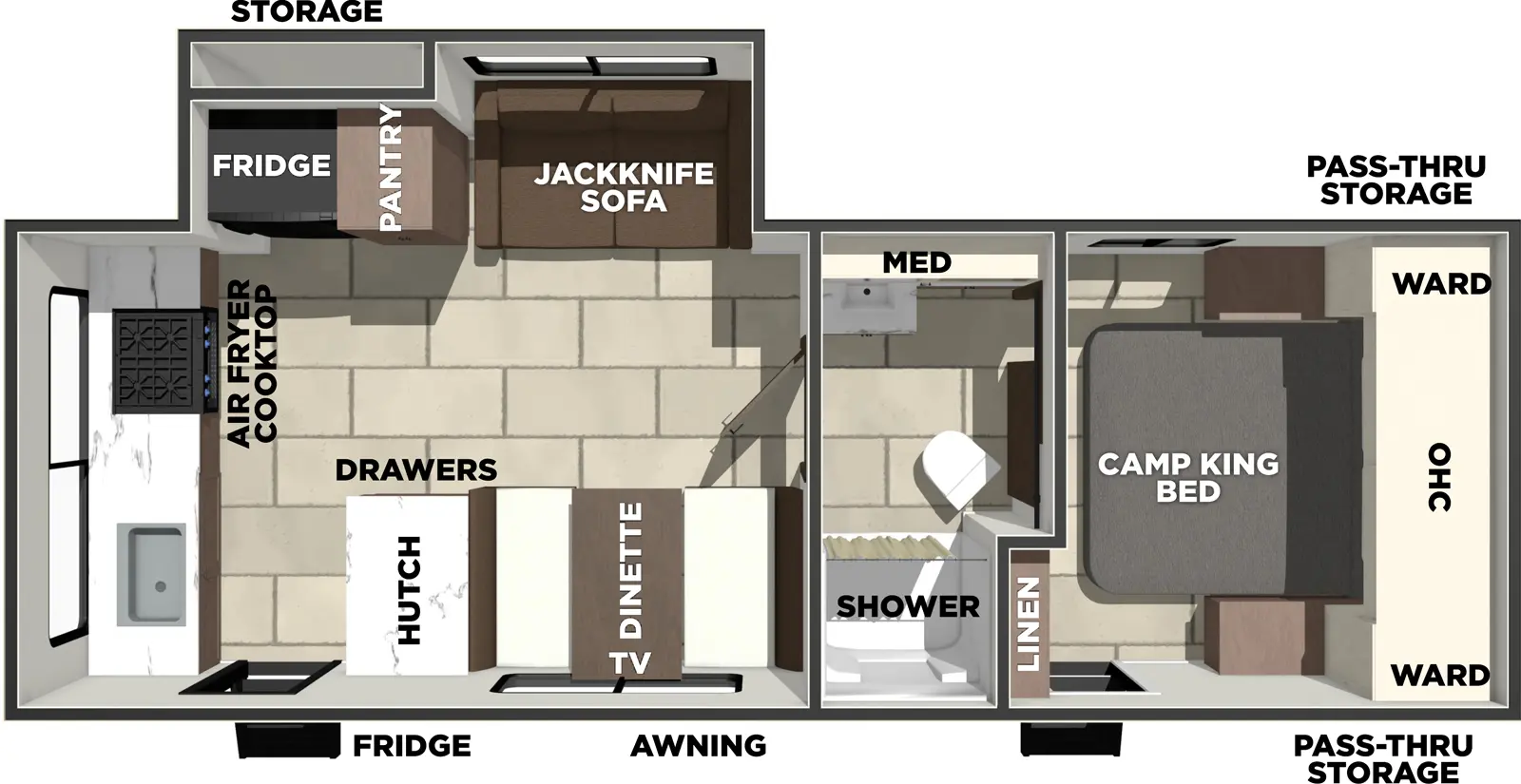 The Tracer 235RK floorplan has two entries and one slide out. Exterior features include: fiberglass exterior. Interiors features include: rear kitchen, front bedroom and pass through bathroom.